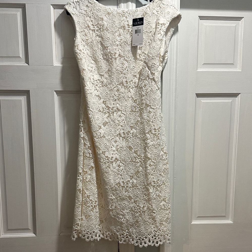 Ralph Lauren Cream Floral Lace Midi Sheath Dress